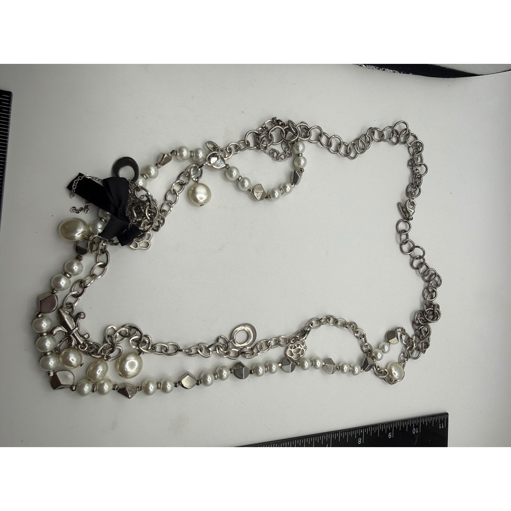 NY New York & Co Multi Strand Pearl Chain Bow Statement Necklace Silver Tone